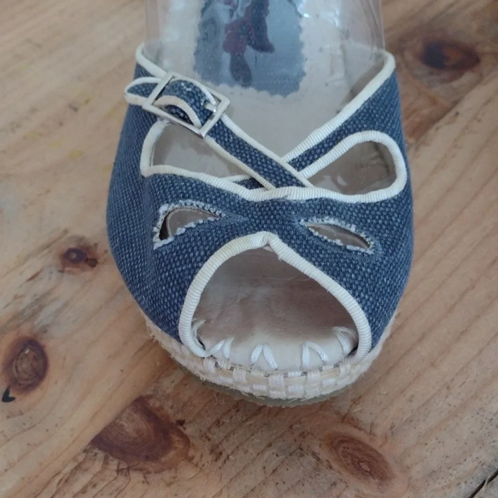 Chambray Ankle Wrap Open Toe Espadrille Platform Wedges Size 10